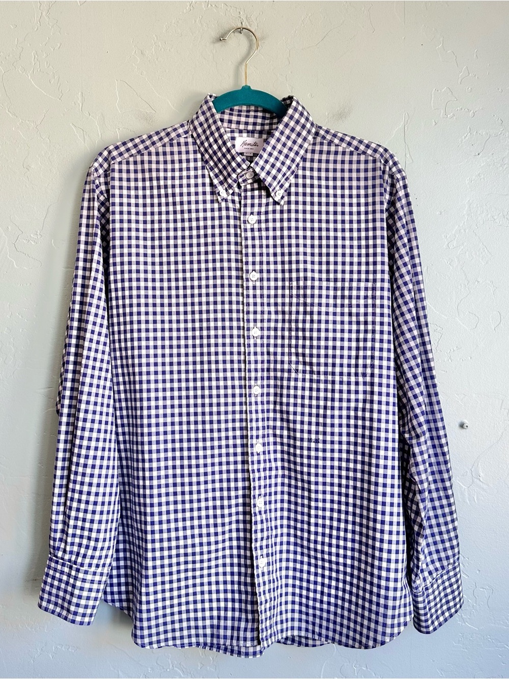 Hamilton Men’s Custom Navy White Gingham Button-Down Shirt Size L/XL